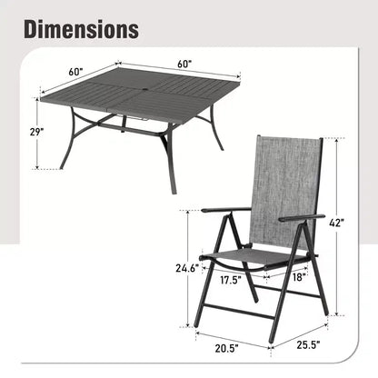 Captiva Designs Tavolo Quadrato in Metallo 9pz con Piano a Doghe Spazioso, Foro per Ombrellone e Sedie Pieghevoli Reclinabili in Tessuto Sling