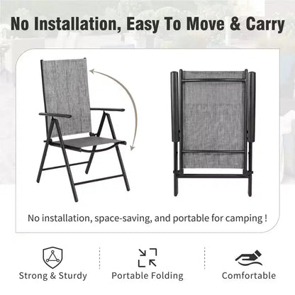 Captiva Designs Tavolo Quadrato in Metallo 9pz con Piano a Doghe Spazioso, Foro per Ombrellone e Sedie Pieghevoli Reclinabili in Tessuto Sling