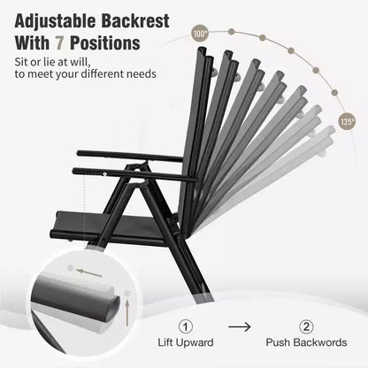 Captiva Designs Tavolo Quadrato in Metallo 9pz con Piano a Doghe Spazioso, Foro per Ombrellone e Sedie Pieghevoli Reclinabili in Tessuto Sling