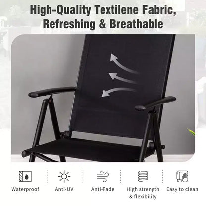 Captiva Designs Tavolo Quadrato in Metallo 9pz con Piano a Doghe Spazioso, Foro per Ombrellone e Sedie Pieghevoli Reclinabili in Tessuto Sling