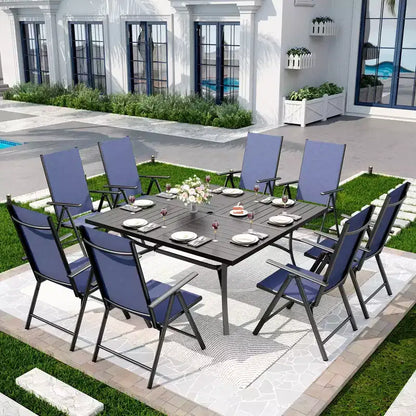 Captiva Designs Tavolo Quadrato in Metallo 9pz con Piano a Doghe Spazioso, Foro per Ombrellone e Sedie Pieghevoli Reclinabili in Tessuto Sling
