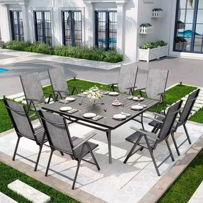 Captiva Designs Tavolo Quadrato in Metallo 9pz con Piano a Doghe Spazioso, Foro per Ombrellone e Sedie Pieghevoli Reclinabili in Tessuto Sling