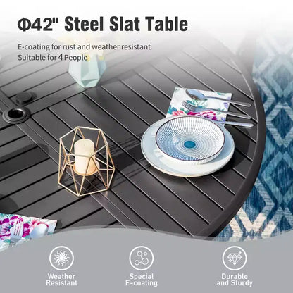 Captiva Designs 5pc Patio Dining Set Steel Frame Table with Umbrella Hole & Rattan Chairs with Removable Cushions