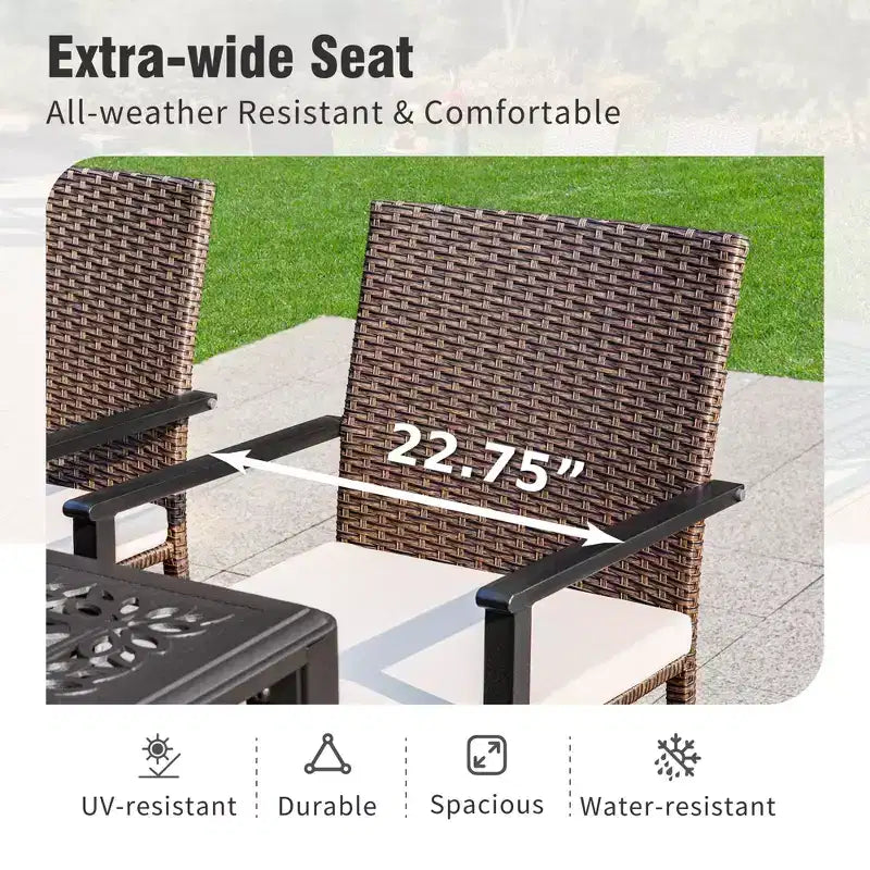 Captiva Designs 5pc Patio Dining Set Steel Frame Table with Umbrella Hole & Rattan Chairs with Removable Cushions