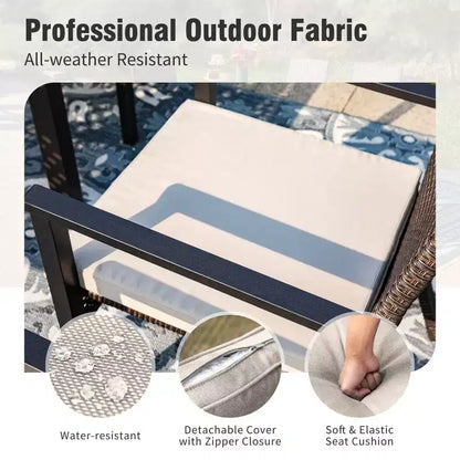 Captiva Designs 5pc Patio Dining Set Steel Frame Table with Umbrella Hole & Rattan Chairs with Removable Cushions