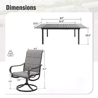 Captiva Designs Set da pranzo da 9 pezzi per esterni con tavolo rettangolare in acciaio con piano a doghe regolabile e sedie girevoli in textilene imbottite