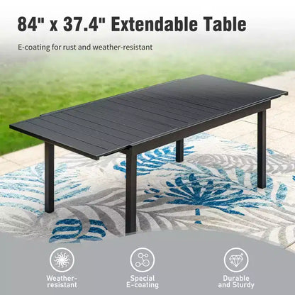 Captiva Designs Set da pranzo da 9 pezzi per esterni con tavolo rettangolare in acciaio con piano a doghe regolabile e sedie girevoli in textilene imbottite