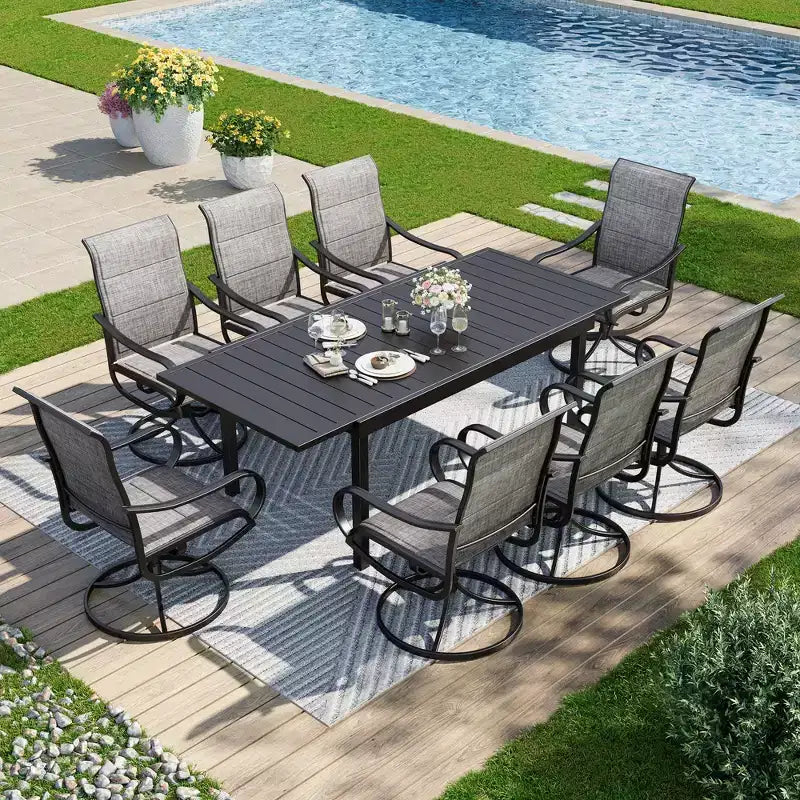 Captiva Designs Set da pranzo da 9 pezzi per esterni con tavolo rettangolare in acciaio con piano a doghe regolabile e sedie girevoli in textilene imbottite