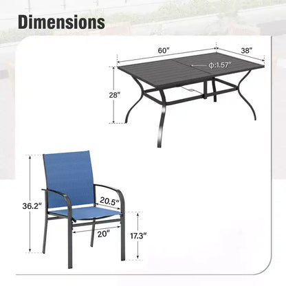 Captiva Designs Set da Pranzo da Esterno 7 Pezzi con Tavolo Rettangolare con Piano a Doghe e Sedie Fisse in Tessuto Traspirante
