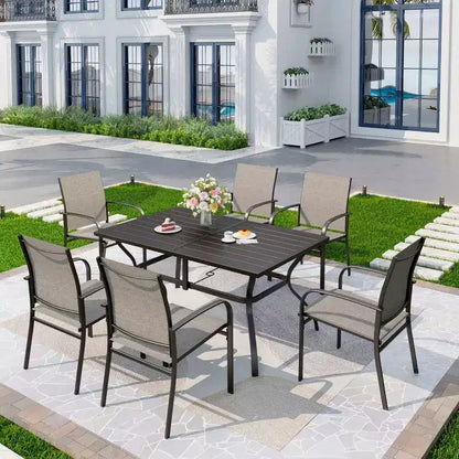 Captiva Designs Set da Pranzo da Esterno 7 Pezzi con Tavolo Rettangolare con Piano a Doghe e Sedie Fisse in Tessuto Traspirante