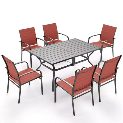 Captiva Designs Set da Pranzo da Esterno 7 Pezzi con Tavolo Rettangolare con Piano a Doghe e Sedie Fisse in Tessuto Traspirante