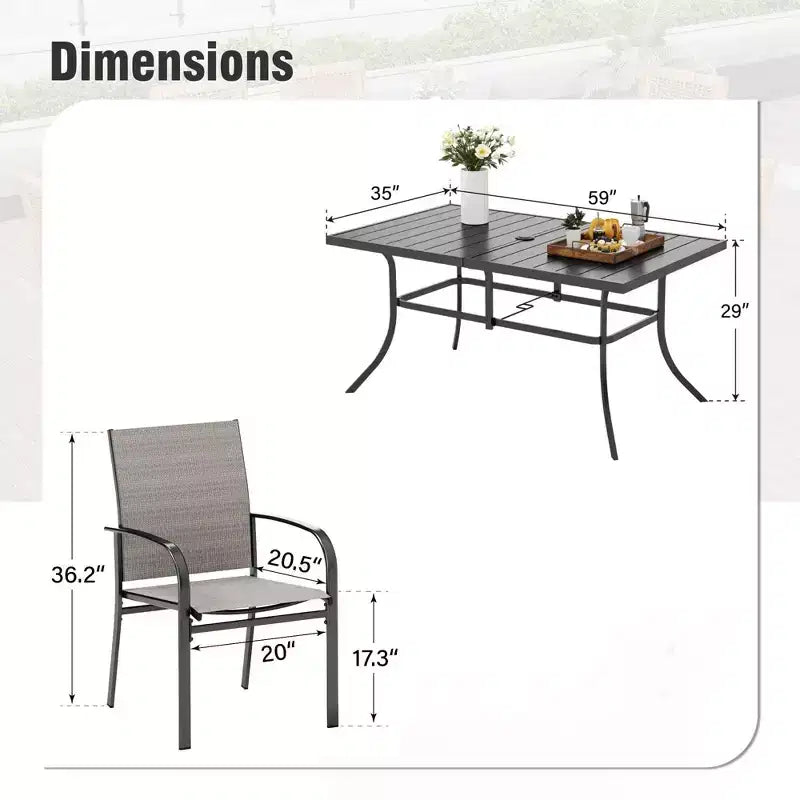 Captiva Designs Set da Pranzo da Esterno 7 Pezzi con Tavolo Rettangolare a Doghe e Sedie Fisse con Schienale in Tessuto Traspirante
