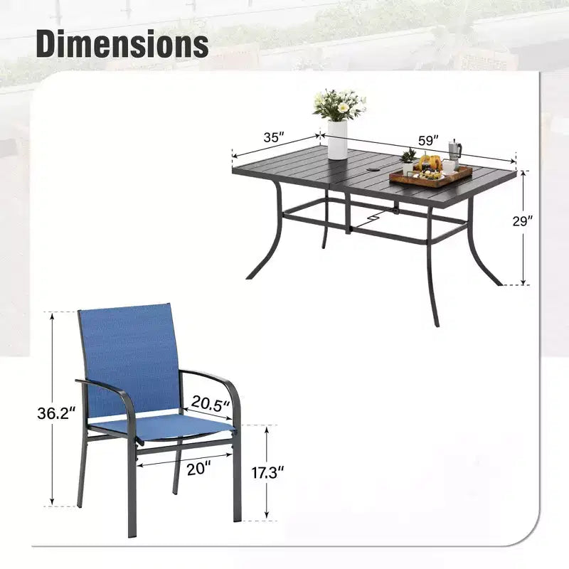 Captiva Designs Set da Pranzo da Esterno 7 Pezzi con Tavolo Rettangolare a Doghe e Sedie Fisse con Schienale in Tessuto Traspirante