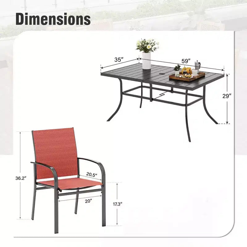 Captiva Designs Set da Pranzo da Esterno 7 Pezzi con Tavolo Rettangolare a Doghe e Sedie Fisse con Schienale in Tessuto Traspirante