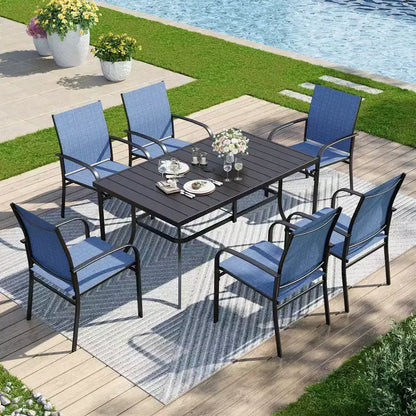 Captiva Designs Set da Pranzo da Esterno 7 Pezzi con Tavolo Rettangolare a Doghe e Sedie Fisse con Schienale in Tessuto Traspirante