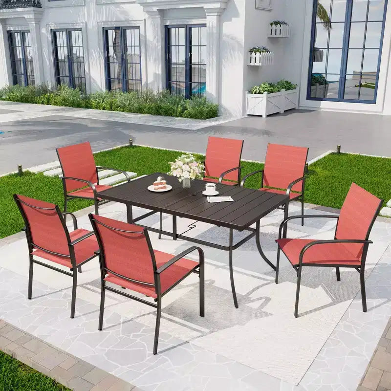 Captiva Designs Set da Pranzo da Esterno 7 Pezzi con Tavolo Rettangolare a Doghe e Sedie Fisse con Schienale in Tessuto Traspirante