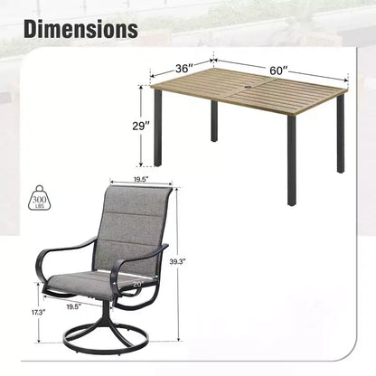 Captiva Designs 7pc Outdoor Rectangle Steel Table with Umbrella Hole & Textilene Swivel Chairs
