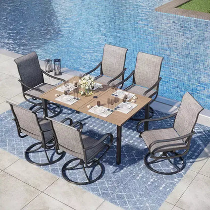 Captiva Designs 7pc Outdoor Rectangle Steel Table with Umbrella Hole & Textilene Swivel Chairs