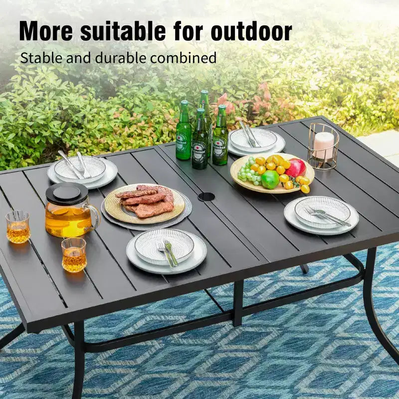 Captiva Designs 7pc Patio Dining Rectangular Steel Table & Pre-assembled Textilene Reclining Foldable Chairs