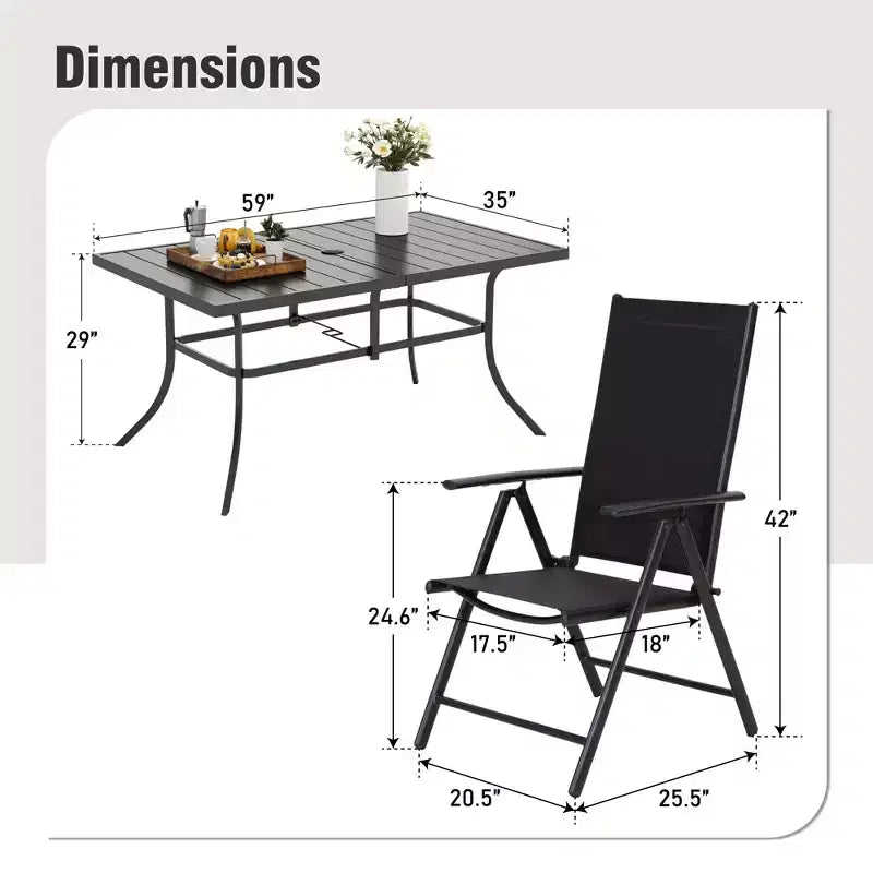 Captiva Designs 7pc Patio Dining Rectangular Steel Table & Pre-assembled Textilene Reclining Foldable Chairs