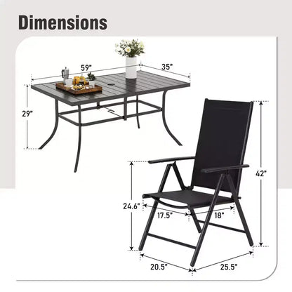 Captiva Designs 7pc Patio Dining Rectangular Steel Table & Pre-assembled Textilene Reclining Foldable Chairs