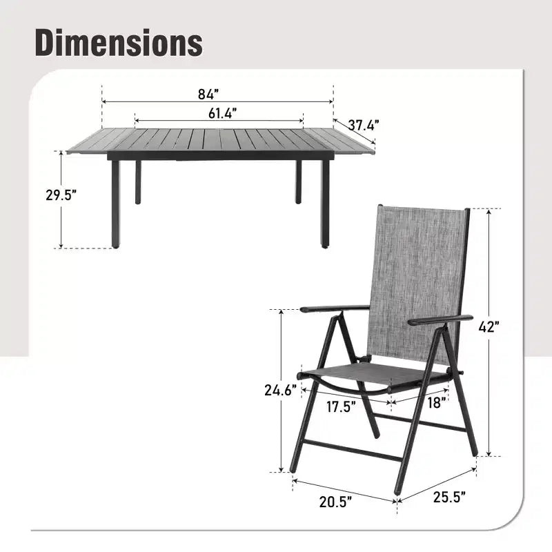 Captiva Designs 7pc Patio Dining Rectangular Steel Table & Pre-assembled Textilene Reclining Foldable Chairs