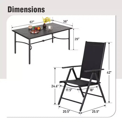 Captiva Designs 7pc Patio Dining Rectangular Steel Table & Pre-assembled Textilene Reclining Foldable Chairs