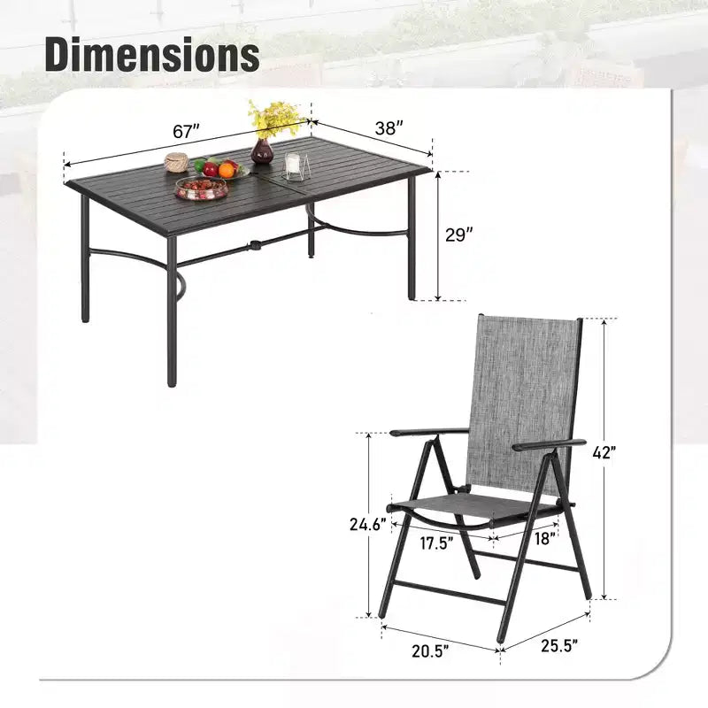 Captiva Designs 7pc Patio Dining Rectangular Steel Table & Pre-assembled Textilene Reclining Foldable Chairs