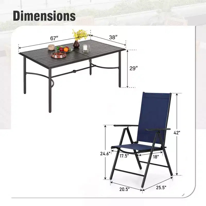 Captiva Designs 7pc Patio Dining Rectangular Steel Table & Pre-assembled Textilene Reclining Foldable Chairs
