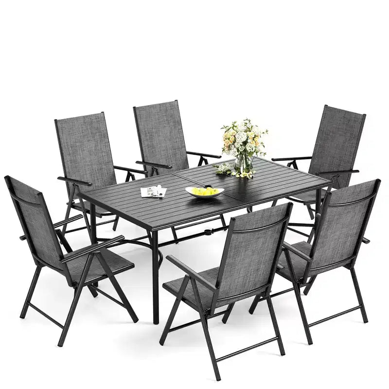 Captiva Designs 7pc Patio Dining Rectangular Steel Table & Pre-assembled Textilene Reclining Foldable Chairs