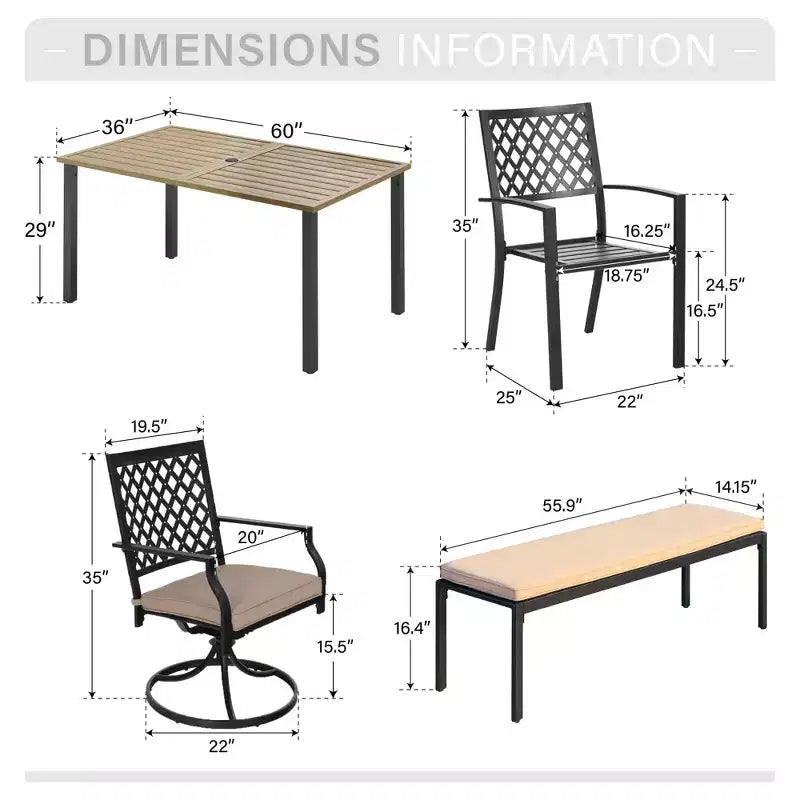 Captiva Designs 6pc Outdoor Patio Slat-top Steel Dining Table & Metal Chairs & Cushioned Bench