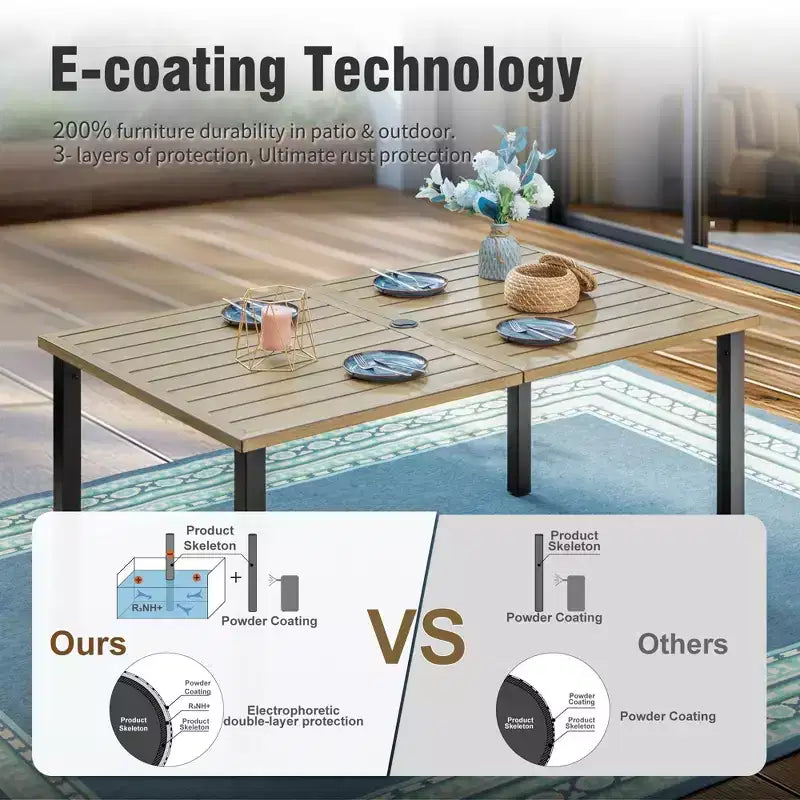 Captiva Designs 6pc Outdoor Patio Slat-top Steel Dining Table & Metal Chairs & Cushioned Bench