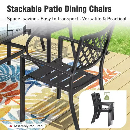 Captiva Designs 6pc Outdoor Patio Slat-top Steel Dining Table & Metal Chairs & Cushioned Bench