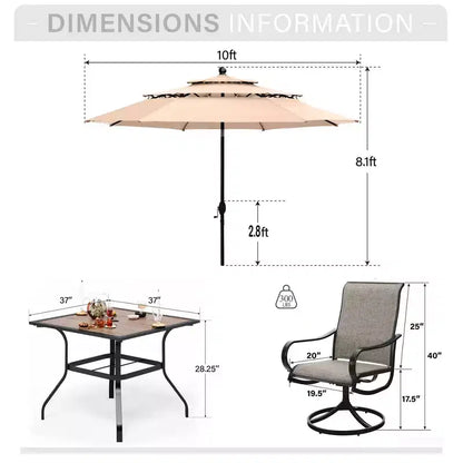 Captiva Designs Set da pranzo da 6 pezzi con tavolo quadrato in acciaio, sedie girevoli a fionda e ombrellone da mercato
