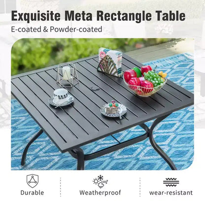 Captiva Designs Set da pranzo da 6 pezzi con tavolo quadrato in acciaio, sedie girevoli a fionda e ombrellone da mercato