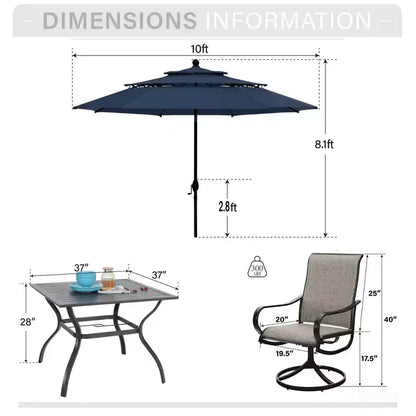 Captiva Designs Set da pranzo da 6 pezzi con tavolo quadrato in acciaio, sedie girevoli a fionda e ombrellone da mercato