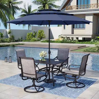 Captiva Designs Set da pranzo da 6 pezzi con tavolo quadrato in acciaio, sedie girevoli a fionda e ombrellone da mercato