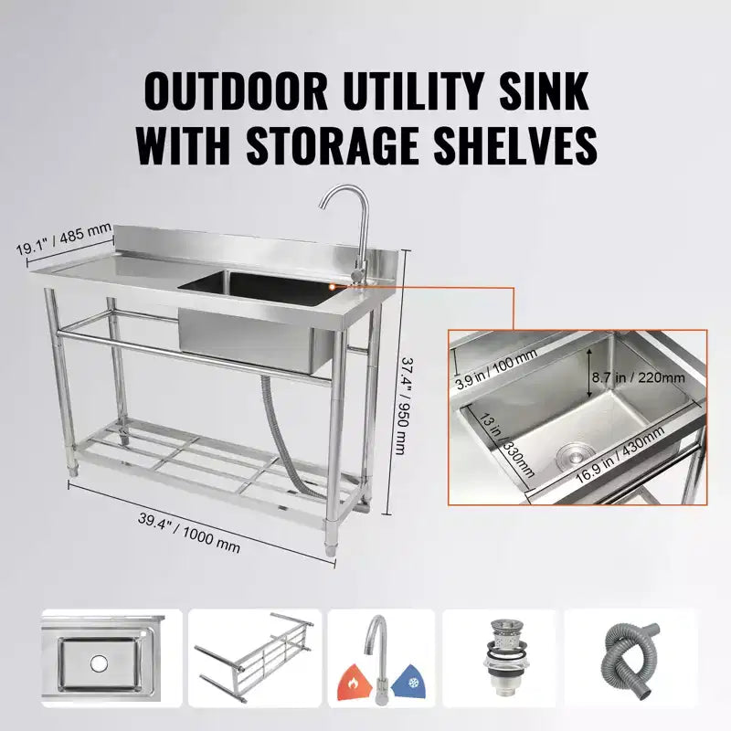 VEVOR Stainless Steel Utility Sink, Free Standing Single Bowl Commercial Kitchen Sink Set w/Workbench, for Garage, Restaurant, Laundry