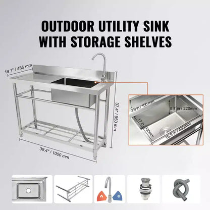VEVOR Stainless Steel Utility Sink, Free Standing Single Bowl Commercial Kitchen Sink Set w/Workbench, for Garage, Restaurant, Laundry