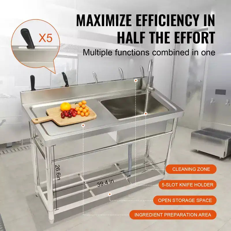 VEVOR Stainless Steel Utility Sink, Free Standing Single Bowl Commercial Kitchen Sink Set w/Workbench, for Garage, Restaurant, Laundry