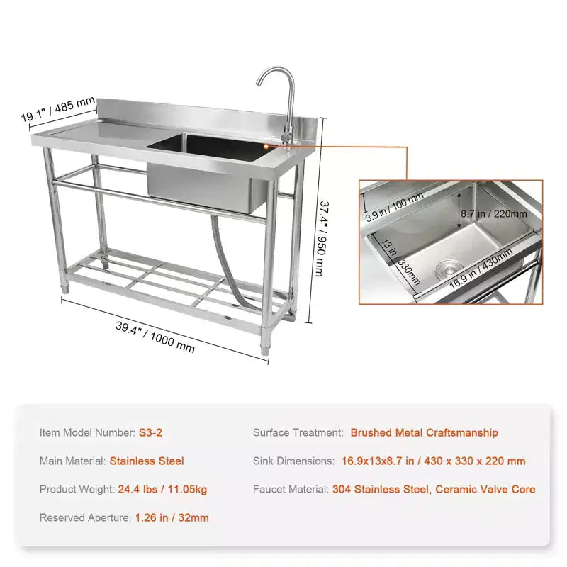 VEVOR Stainless Steel Utility Sink, Free Standing Single Bowl Commercial Kitchen Sink Set w/Workbench, for Garage, Restaurant, Laundry