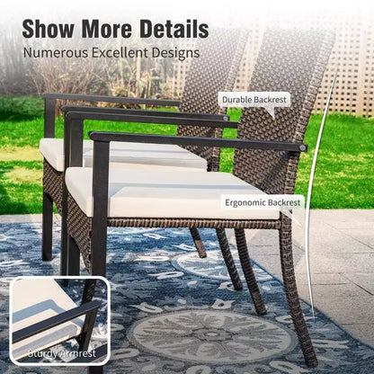 Captiva Designs 7pc Outdoor Patio Black Steel Dining Table with Umbrella Hole & Cushioned Armrest Rattan Chairs