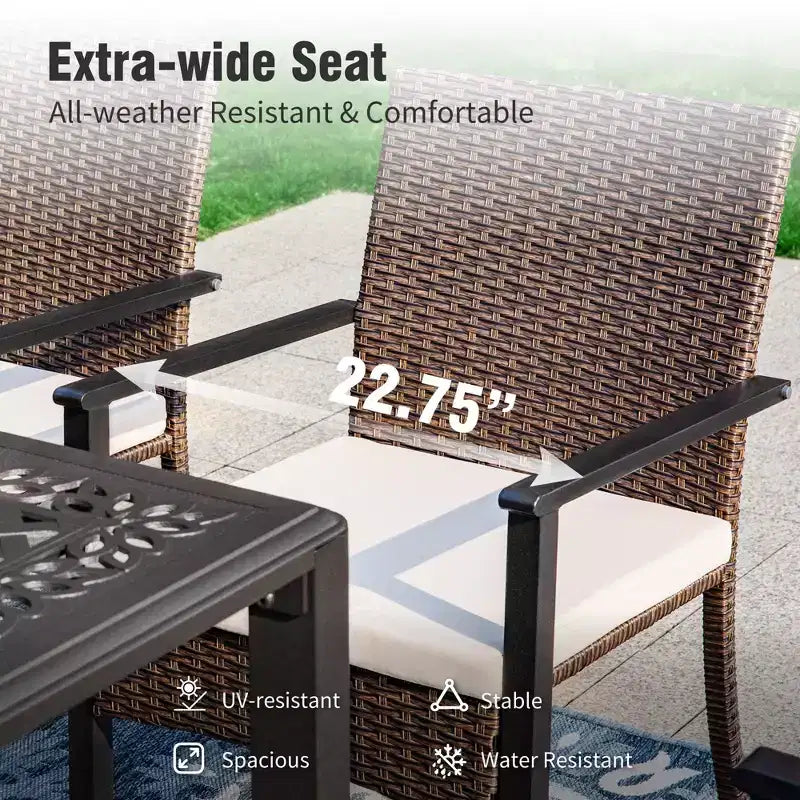 Captiva Designs 7pc Outdoor Patio Black Steel Dining Table with Umbrella Hole & Cushioned Armrest Rattan Chairs