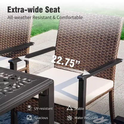 Captiva Designs 7pc Outdoor Patio Black Steel Dining Table with Umbrella Hole & Cushioned Armrest Rattan Chairs