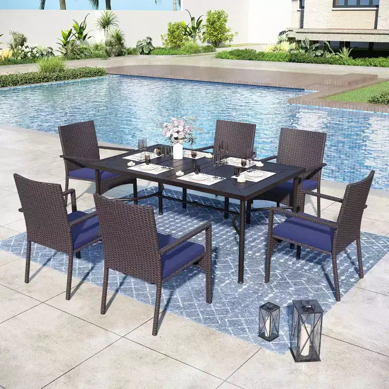 Captiva Designs 7pc Outdoor Patio Black Steel Dining Table with Umbrella Hole & Cushioned Armrest Rattan Chairs