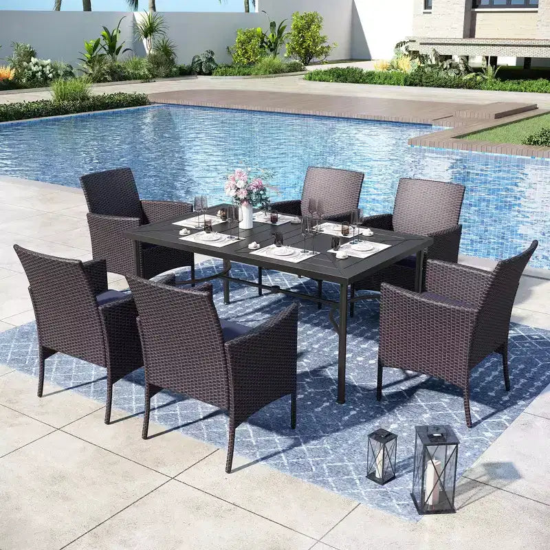 Captiva Designs 7pc Outdoor Patio Black Steel Dining Table with Umbrella Hole & Cushioned Armrest Rattan Chairs