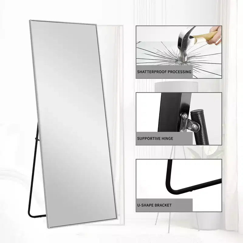 Silver Thin-Edged Rectangular Full-Length Mirror in Aluminum Alloy, 163x54x1.5cm (Includes Bracket)