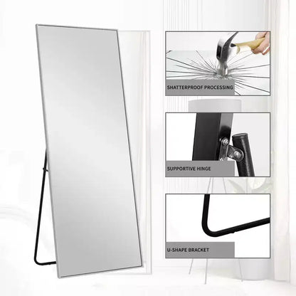 Silver Thin-Edged Rectangular Full-Length Mirror in Aluminum Alloy, 163x54x1.5cm (Includes Bracket)