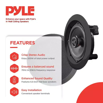 Pyle In Wall and In Ceiling Dual 6.5 inch Speaker System with Flush Mount, for Stereo Sound in Living Room, Basement, or Office, Black, 4 Pack