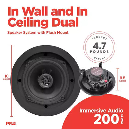 Pyle In Wall and In Ceiling Dual 6.5 inch Speaker System with Flush Mount, for Stereo Sound in Living Room, Basement, or Office, Black, 4 Pack